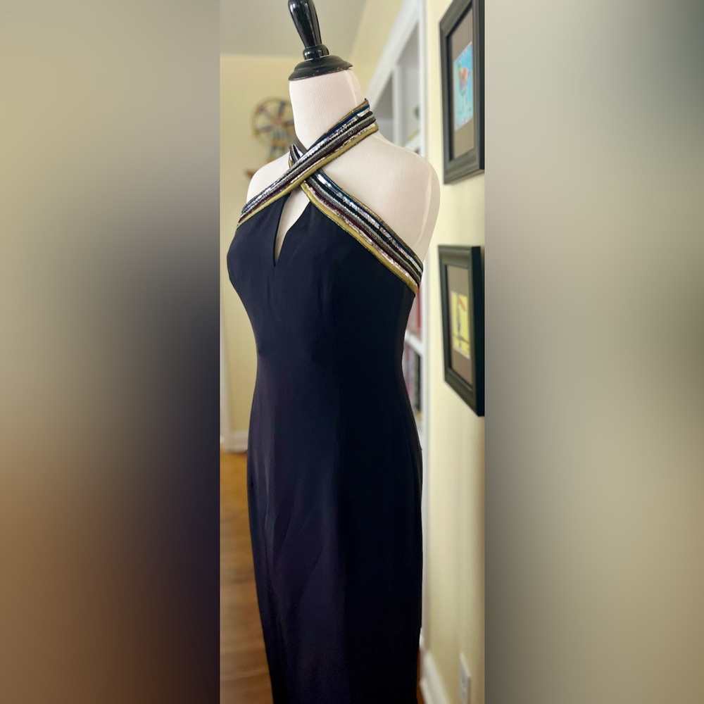 ESCADA Dress Formal Gown Black Sequin Stripe Trim Twist Halter Neck SZ 34/4 - Picture 9 of 16